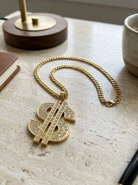 Iced Out Dollar Sign Pendant Necklace Gold Hip Hop Chain Rhinestone 28 in